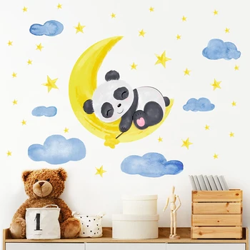 Ручная роспись Панды, спящей на золотой Луне, Синих облаках, звездах, Наклейки на стены для детской комнаты, наклейки на стены детской комнаты, фрески