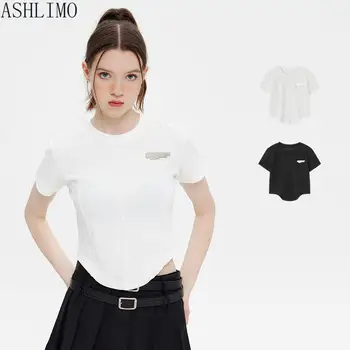 ASHLIMO, женская летняя 2023, простая универсальная белая футболка неправильной формы, женские топы Y2k, тонкие топы с короткими рукавами