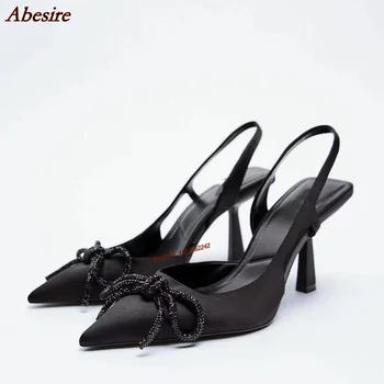 Летние новые Черные пикантные туфли-лодочки с бантом и острым носком, модные атласные простые удобные Элегантные женские туфли Muller Большого размера 41