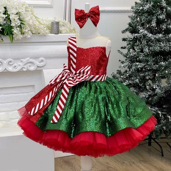 Рождественские платья в полоску с бантом для девочек, элегантные пушистые тюлевые костюмы для косплея, праздничное платье принцессы для девочек, красное Рождественское платье для Дня рождения