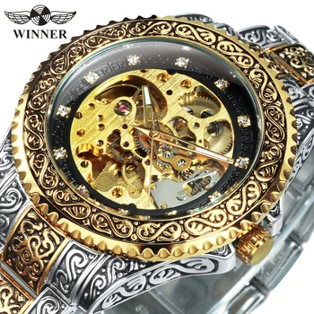 Роскошные мужские автоматические часы WINNER в стиле ретро с золотым резным ремешком из нержавеющей стали, роскошные механические часы с бриллиантовым скелетом, светящиеся