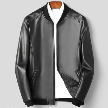 Куртка из натуральной кожи для мужчин, весенняя бейсбольная форма, Короткое Приталенное красивое мотоциклетное пальто, манжеты с наружной резьбой, тонкий Кожзам
