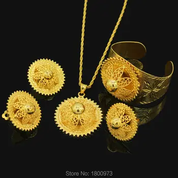 Новый Эфиопский набор Ювелирных изделий 24k Золотого цвета Кулон/Ожерелье/Серьги/Кольцо/Браслет Невесты Свадебные Изделия в Нигерии/Африке/Эритрее