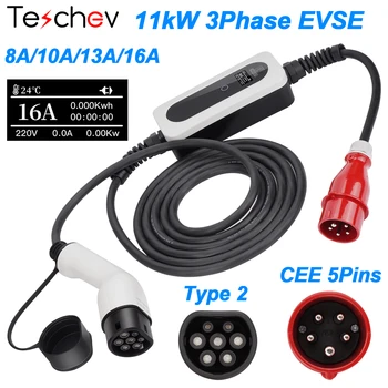 зарядное устройство Ev Мощностью 11 кВт Type2 3 Фазы 16A IEC 62196 CEE Red Plug Портативное Зарядное Устройство Для Быстрой Зарядки Электромобилей EVSE Трехфазное