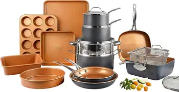 Набор кастрюль и сковородок из 20 предметов | Полный набор посуды с твердым анодированием + Набор Форм для выпечки, Ультра-Антипригарное Керамическое покрытие из меди, Chef G