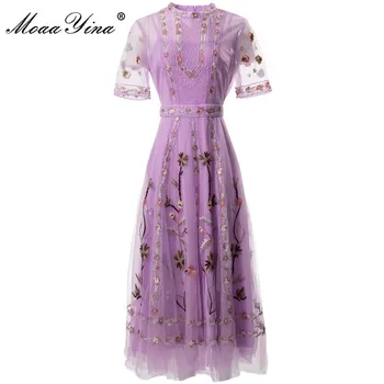 MoaaYina, модные дизайнерские Летние женские кружевные газовые элегантные платья с цветочной вышивкой с коротким рукавом