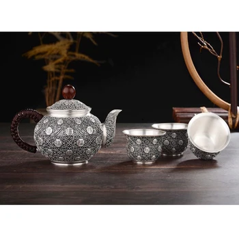 Серебряный горшок стерлингового серебра 999 пробы, чайный сервиз ручной работы, японский ретро чайник, чайник для домашней чайной церемонии, чайный сервиз кунг-фу, 180 мл