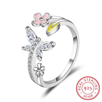 LEKANI, Новое модное 100% серебро 925 пробы, Любовь к бабочке, розовый цветок, Открытые кольца для женщин, Свадебные серебряные ювелирные изделия
