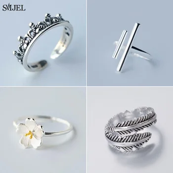 Винтажные Серебряные кольца с цветком Маргаритки Для женщин и девочек, модные двойные открытые кольца, украшения для пальцев, корона, перо, байкерский подарок