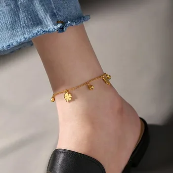 Модный женский ножной браслет с четырехлистным цветком и колокольчиком из нержавеющей стали золотого цвета, женские ювелирные изделия, ножной браслет оптом