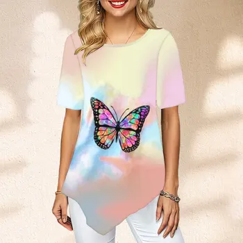 Женская модная футболка с коротким рукавом, одежда с градиентным принтом Бабочки, женская футболка на каждый день
