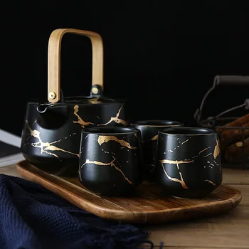 Мраморный Бытовой Чайный Сервиз В Японском Стиле, Черно-белая Керамическая Чашка для Послеобеденного Чая с Подставкой из манговой Акации, Чайник