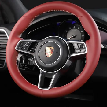 для Porsche Taycan Cayenne Macan Panamera 718 911 Винно-красный Кожаный Чехол на Руль Автомобиля ручной работы, Аксессуары для интерьера