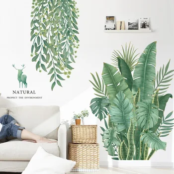 BRUP Акварельные наклейки на стену с тропическим подорожником, пальмовыми зелеными листьями, для гостиной, спальни, Наклейки на стены, Декоративные наклейки для дома