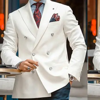 Белый Двубортный мужской Блейзер Slim Fit, цельный мужской пиджак с отворотом, Повседневное пальто в итальянском стиле