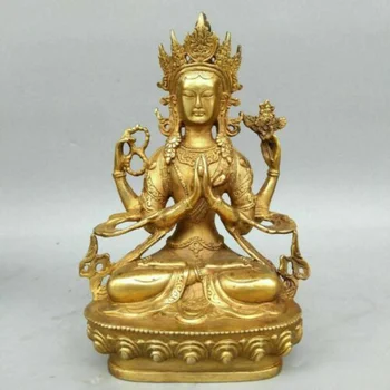 8-Дюймовая китайская античная тибетская бронзовая позолоченная Четырехрукая статуя Будды Авалокитешвары
