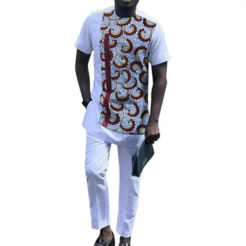 Мужской комплект: футболка с однотонными белыми брюками, топы в стиле пэчворк + брюки, Африканская одежда из 2 предметов